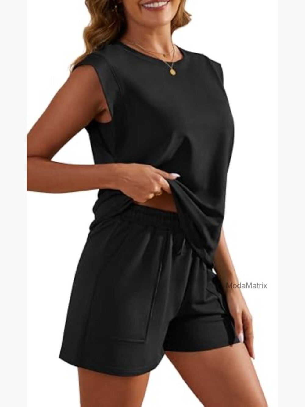 Cap Sleeve Lounge Short Set with Pockets, Soft Cotton Blend, Two Piece - Picture 2 of 7